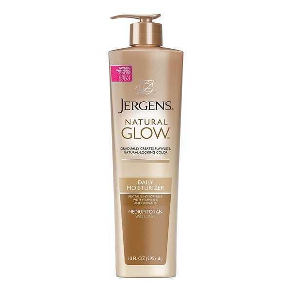 Jergens Natural Glow Sunless Tanning Lotion, Self Tanner for Skin Tone, Body Lotion for Natural Looking Tan, Medium to Tan, 10 Fl Oz