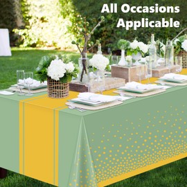 LANLISA Sage Green and Gold Tablecloth Party Decorations 2 Pack, Disposable Plastic Table Cloths for Baby Shower Birthday Wedding Party Decor