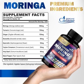 Cadane Moringa Capsules with Turmeric, Boswellia, Quercetin, Ceylon Cinnamon, Holy Basil, Ginger, and Black Pepper - 8in1 Supplements - 120 Veggie Caps for 2 Months Supply