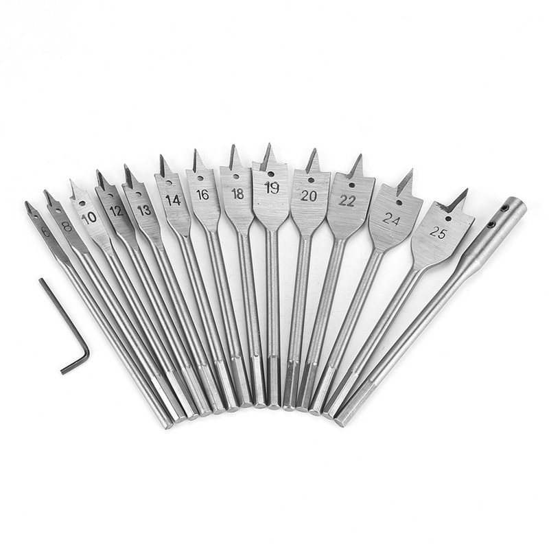15pcs Carbon Steel Hex Shank Spade Flat Wood Drill Bit