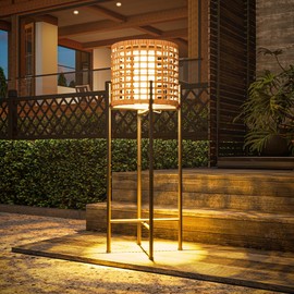LAUSAINT HOME Solar Powered Outdoor Floor Lamp with Auto On/Off LED Light, Waterproof Wicker Patio Floor Lights, Boho Rattan Floor Lantern (1 Floor Lamp)