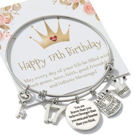 Miss Pink 17th Birthday Jewelry Gifts for Women Stainless Steel Expandable Bangle 17 Year Old Charm Bracelets for Daughter Granddaughter