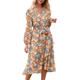 PRETTYGARDEN Women's Floral Boho Dress Fall Long Sleeve Wrap V Neck Ruffle Flowy Maxi Spring Wedding Guest Vacation Dresses (Floral Yellow,XX-Large)