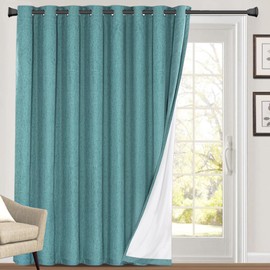 PrinceDeco Primitive Textured 100% Blackout Linen Look Patio Door Curtain 84 Inches Long Extra Wide Thermal Insulated Grommet Curtain Drapes for Living Room/Sliding Glass Door,W100 x L84 inch, Teal