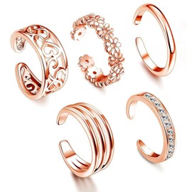 5 Pcs Silver Plated Toe Rings for Women Adjustable Band Rings Open CZ Toe Ring Set Beach Foot Jewelry，Anti-allergy，Rose Gold