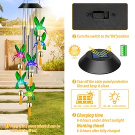 Carrillon de Viento Exterior, Colibrí Campanilla de Viento Solar Cambio de Color LED con 4 Tubos 6 Colibríes y 6 Campanas Carillón de Viento Solar para Interiores Exteriores Jardín Patio, 85cm