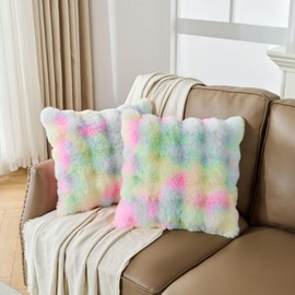 MeadowSky Pack of 2 Throw Pillow Covers Dense Faux Rabbit Fur Cozy Super Soft Fuzzy Set Case Decorative Throw Pillows Cushion for Couch Sofa Bedroom-Rainbow 18x18 Inch