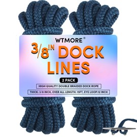 WTMORE Dock Lines - Cuerdas de barco para acoplar 1/2 pulgadas x 20 pies, cuerda marina de amarre doble trenzado para acoplamiento, líneas de muelle para barcos con bucle, líneas de barco Azul marino,