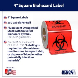 Biohazard Warning Labels 4" X 4" Inch, Fluorescent Red-Orange Hazardous Stickers 250 Labels Per Roll for Medical and Industrial Use and More - Made in The USA by Kenco (12)