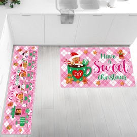 Riletese Merry Christmas Kitchen Rugs Sets of 2, Pink Gingerbread Kitchen Floor Mat Non Skid, Washable Sink Runner Rugs, Xmas Winter Holiday Home Decorations - 15.7 x 27.5 and 15.7 x47 Inch