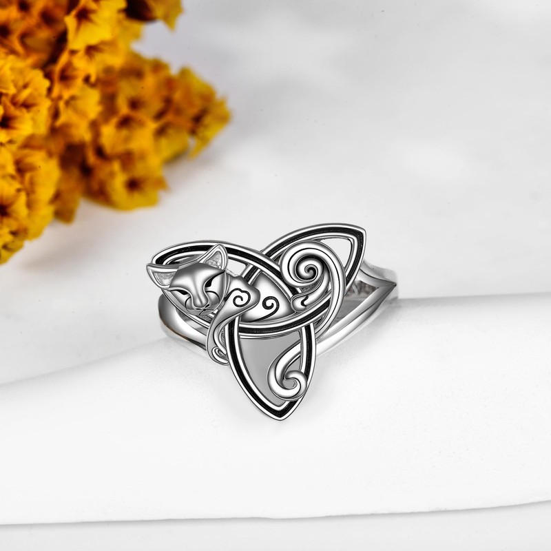POPLYKE Celtic Cat Ring for Women 925 Sterling Silver Trinity