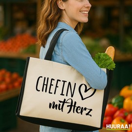 huuraa Jute Bag Chefin with Heart Present Shopper Shopping Bag Black 21 Litres Jute and Cotton Boss Gift Idea, black, Unit size