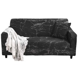 Celevingne Printed Couch Cover Stretch Sofa Cover Sofa Protector for Sofa-4 Seater Elastic Sofa Slipcover with 1 Pillowcase(Black Marble, Sofa-4 Seater)