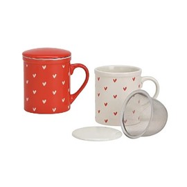 Set of 2 Tea Cups with Filter and Lid | 2 Ceramic Tea Cups with Heart Decoration | Gift for Couples - Set of 2 Mugs 340ml (Red/White)