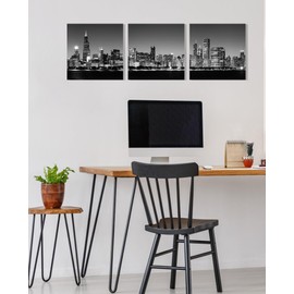 YPY Chicago Skyline Wall Art Black and White Wall Art Decor Canvas Print Picture Painting Artwork for Bedroom Home Kitchen Office Wall Decor Stretched 3 Pack 12X12 inch