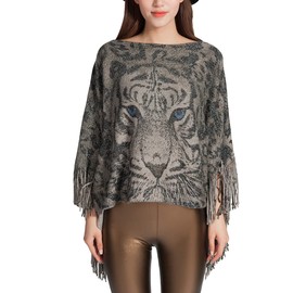 Bonnorth Shawl Wraps For Women, Knitted Leopard Poncho With Tassel, Tiger Print Warm Versatile Poncho, (One Size, Silver)
