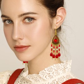 Ricarmo Bohemian Dainty Vintage Gold Crystal Teardrop Chandelier Lightweight Dangle Drop Earrings Retro Alloy Chain Fringe Hook Earrings For Women Jewelry Gifts (Red)