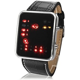 FENKOO Unisex Watch with Binary LED Display, PU Leather Strap (Black), black, Military