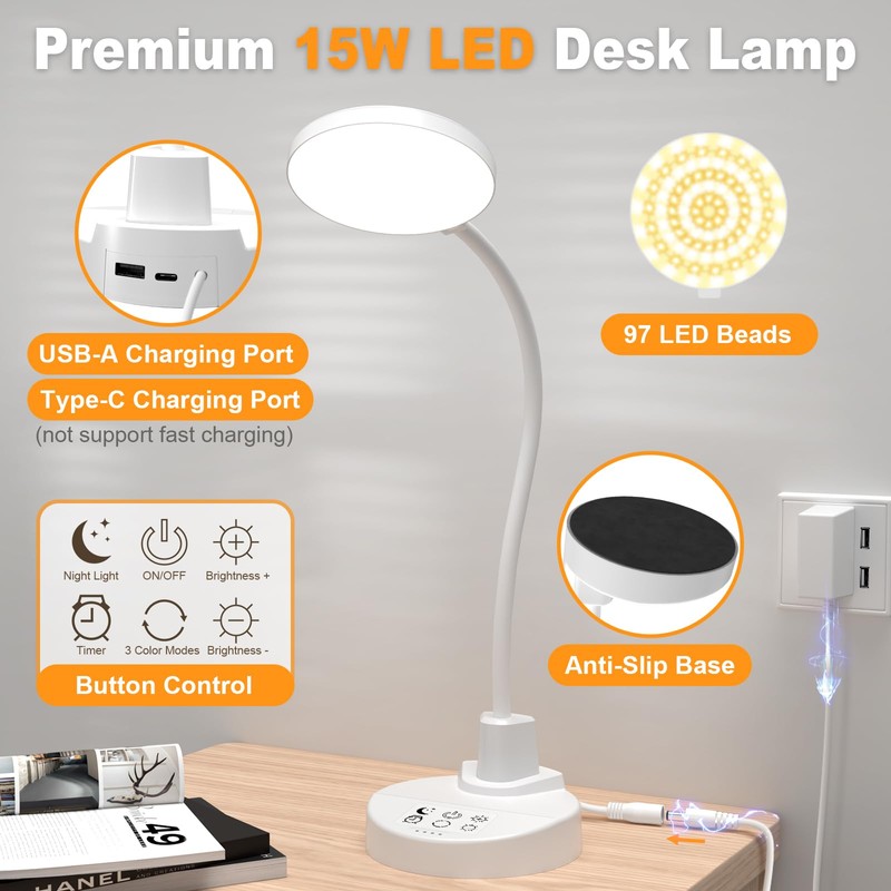15W LED Desk Lamp with USB Charging Ports – Dimmable