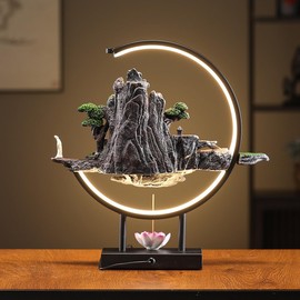TXYXT Backflow Incense Waterfall Fountain Burner with Adjustable LED Light Ring,Resin Rockery Landscape Ornament insence-Stick Holder,Compatible with Cone and Stick Incense (Grayish Green)