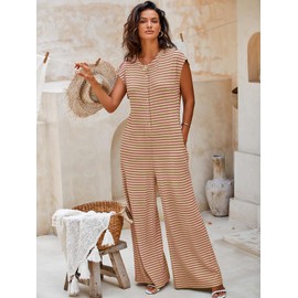 Cicy Bell Women's Summer Striped Short Sleeve Jumpsuit Wide Leg Elegant Romper with Buttons and Pockets Comfortable for Beach and Everyday Use, beige, L