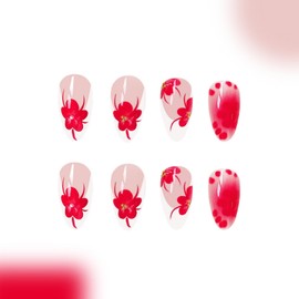 Flower Press on Nails Almond Medium Fake Nails French Tip False Nails with Designs Pink Floral Glue on Nails Glossy Full Cover Acrylic Artificial Stick on Nails for Women Manicure 24 Pcs