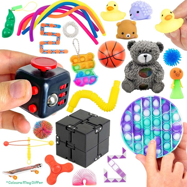 Sensory Fidget Toys Pack - 27 Piece Mystery Box Fiddle Toys Set - Stress, Anxiety Relief, Autism, ADHD, OCD, Special Needs & Child Development Box Set - Mochi, Stress Ball, Push Pop it Fidget Toys