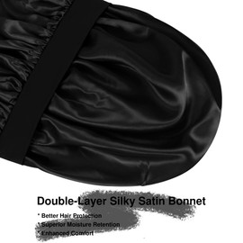Satin Bonnet Hair Bonnet for Sleeping, Double Layer Sleep Bonnet Night Cap with Tie Band for Braid Curly Hair, Black, Large