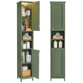 VASAGLE VASAGLE Tall Bathroom Cabinet with Lights, Slim Bathroom Storage Cabinet, Freestanding Narrow Cabinet with Adjustable Shelves, for Small Spaces, Modern, 11.8 Inches Wide, Forest Green UBBC566C01