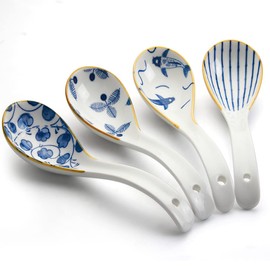 YFWOOD 4pcs Astragalus Spoons, 6.3 inches (16 cm), Ceramic, Gold, Soup Spoons, Curved Shape, Long Handle, Dinner Spoon, Curry, Ramen, Cooking, Commercial Use, Family