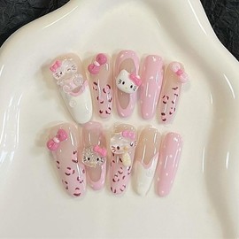 Handmade Kitty Nail Tips, Oval, Medium, Long, Rhinestone, Fake Nails, Popular, Cute, Simple, Stylish, Fashionable, 30 Pieces, Japanese Style, Bride Nails, Glossy, Fake Nails, Wedding Nail Tips