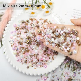 Niziky 1100PCS Flatback Pearls and Rhinestone, Mixed Size 3mm-10mm AB Color Resin Rhinestones Half Pearls for Crafts, 30g Half Round Flatback Pearls Rhinestones for Nail Face Art Crafts