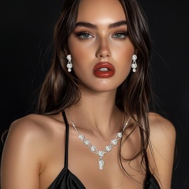 Gkaopi Bridal Jewellery Set for Women Rhinestone Necklace Drop Earrings and Crystal Bracelet Set Silver/Red/Blue Wedding Jewelry Set Engagement Bridesmaid Prom Jewellery Sets(Silver)