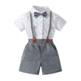 Conjuntos de pantalones cortos para caballero para bebés y niños, trajes de bebé, camisa, pantalones cortos, pajarita y tirantes, Gris y blanco., 18-24 Meses