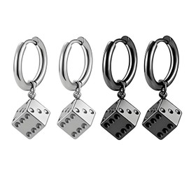 MALOYANVE Dice Hoop Earrings for Men Women Cool Silver Black 3D Stainless Steel Dice Dangle Hoop Earrings Gambling Casino Cool Jewelry Gifts (Stainless steel dice earrings)