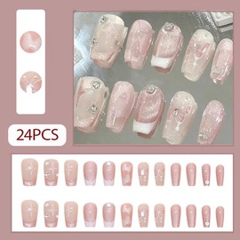 WAFOLOZE Nails Press on, Coffin Press on Nails Medium Girls Fake Nails with Cat's Eye & Butterfly Pattern and French Tip Design, Acrylic Artificial False Nails Press Ons Glue on Nails For Women