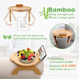 SINWANT Couch Arm Table, Bamboo Round Sofa Clip on Tray with 360° Phone Holder,Foldable Couch Armrest Table Eating on Chair Recliner for Snack Drink