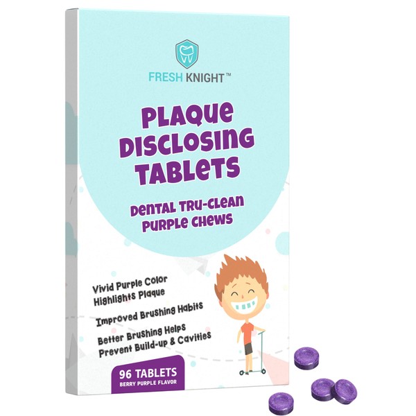 96 Count, Plaque Dental Disclosing Tablets for Kids or Adults, Shows Plaque, Helps Teach Brushing Habits for Clean Teeth, by Fresh Knight, Pack of (1)
