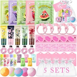 55Pcs Spa Party Supplies for Kids, Bulk Gifts for Women, Sleepover Party Favors Supplies for Girls, Valentines Day Gifts for Kids, Hand Cream, Lip Balm, Under Eye Patches, Lip Mask, Foot Bath Bombs