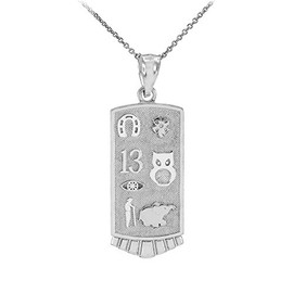 925 Sterling Silver Lucky Necklace with Owl, Elephant, Horseshoe, Flower, Thirteen and Evil Eye, 18"