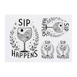 4 x 'Sip Happens' Temporary Tattoos - Water Resistant, Skin-Safe, Non-Toxic Transfers, Mixed Sizes (TO00077810)