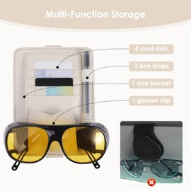 TIESOME Auto-Visier-Organizer, Universal Auto Brillenhalter Clip mit Aufbewahrungsfächern Leder Auto Sonnenbrillenhalter Auto Visier für die Speicherung Sonnenbrille Karte Stift Rechnung (Beige)