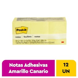 Post-it Notas Adhesivas, Color Amarillo Canario, 3.8cm x 5.1 cm, 12 pads, 100 hojas por pad