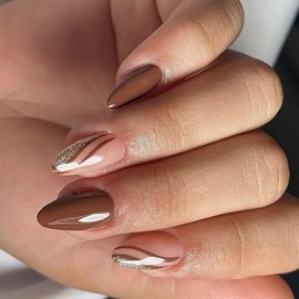 Uas Postizas Multiestilo Color Marrn Caf Con Patrones De Lneas Abstractas Fcil Aplicacin Artificiales Reutilizables 24 Piezas Manicura Con Purpurina De Arce