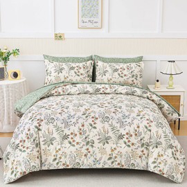 WONGS BEDDING Floral Comforter Set King Size,7 Pieces Bed in a Bag Flower Bedding Sets Botanical Microfiber Comforter Soft Loghtweight Bed Set with Sheet,Pillowcases&Shams