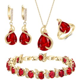 EVER FAITH Boda Sets de Joyería Cristal Zirconia Cúbica Piedra Natal Gota de Agua Collar Arete Set para Novia Regalo para cumpleaños/Día de la Madre/Navidad Rojo Tono Dorado