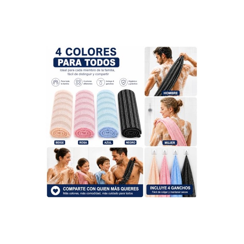 4PCS Zenbody Toalla Exfoliante Japonesa, Doble Cara con 4 Ganchos