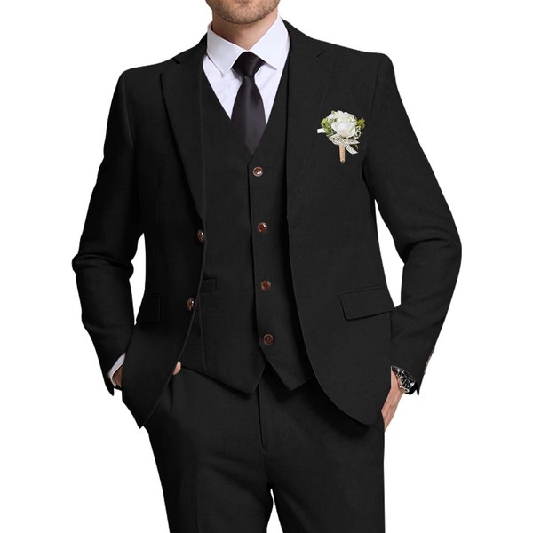 High-End Suits Retro Suits for Men Linen Black 3 Pieces