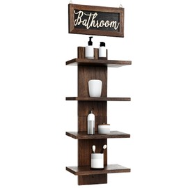 Wonderjune 4 Tier Bathroom Wall Shelf Unit Decorative Wall Mount Vertical Shelving Wood Bathroom Decor Sign for Storage Organizer Farmhouse Bathroom Wall Decor 1+1 Set Rustic Brown