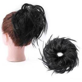 Hairro Messy Bun Hair Bun Tousled Updo Donut Pieces Curly Wavy Elastic Scrunchies Rubber Band Hairpiece Fluffy Hair Extensions Synthetic Chignon Ponytail Donut for Women Hairpiece for Birthday Party #1 Dark Black 45g